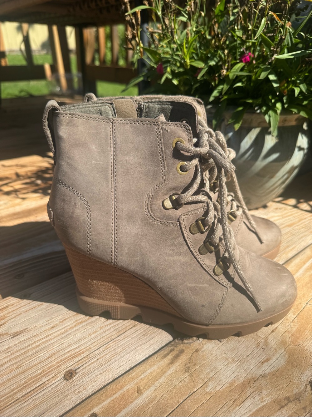 Sorel Taupe Lace-Up Wedge Ankle Boots